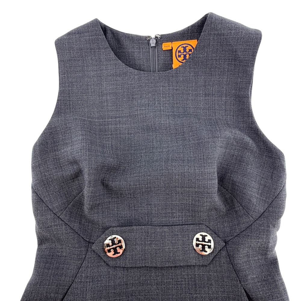 Tory Burch Dress Women 2 Gray Excellent Wool Blend Sleeveless Logo Button Shift